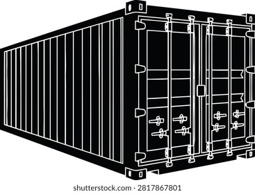 Black and white line art vector illustration of an intermodal freight shipping container viewed from an angle.