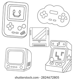 Black and white line art vector collection set of retro video game devices. Includes handheld console, cloud gamepad, vintage CRT TV, and arcade cabinet machine. Great outline clipart set for gamer coloring books, activity pages, stickers, and retrogaming icons.