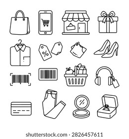 A black and white line art vector icon set featuring retail, marketplace, and fashion items. Includes a shopping bag, smartphone with cart app, storefront shop, gift box with ribbon, collared shirt, price and percentage tags, high heel shoes, barcode with scan lines, grocery basket, headphones with tag, credit card, folded jeans, makeup compact mirror, and a diamond ring in a jewelry box. Isolated on a white background.