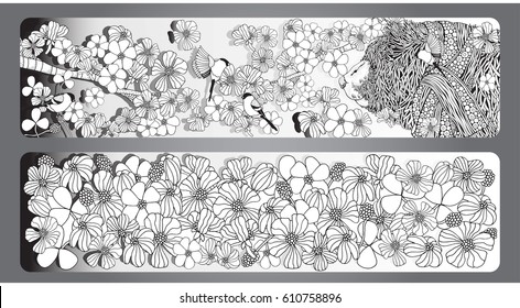 Black and white line art vector hand drawn doodles with bear and flowers. Horizontal banners design. Corporate identity templates set in zentangle style. Adult coloring.