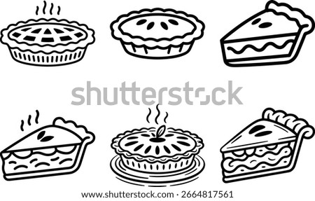 Black and white line art vector set of steaming apple pies and slices, ideal for menus, bakery branding, recipes, and food-themed designs.