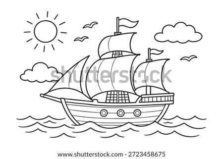 Black and white line art vector illustration of a sailing ship on the sea with sun, clouds, and birds, suitable for coloring book and nautical themes.