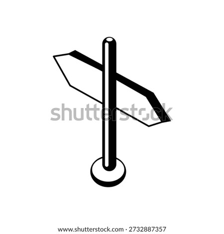 Black and white line art vector icon of a direction signpost with two blank arrow boards pointing in opposite directions, standing on a round base, simple outline style, isolated white background.
