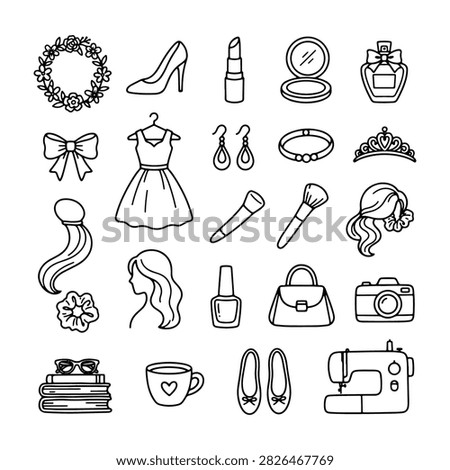 black and white line art vector icon set of women's beauty, fashion, and lifestyle elements. Features a flower crown, high heel shoes, lipstick, compact mirror, perfume bottle, ribbon bow, party dress on a hanger, drop earrings, bracelet, tiara crown, makeup brushes, ponytail, scrunchie, female hairstyle silhouette, nail polish, handbag, camera, stack of books with glasses, coffee mug, flat shoes, and a sewing machine. Isolated on a white background.