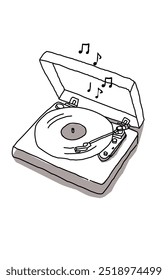 black and white line art of a vintage Gramophone with musical notes issolated on white