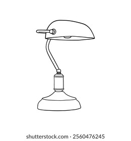 Black and white line art of a vintage desk lamp with a classic design. Perfect for coloring pages, interior design concepts, workspace decor, and minimalist graphic design projects.