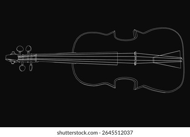 Black and white line art violin on a dark background, featuring detailed strings, bridge, and bow. The instrument's elegant curves and neck are clearly defined, creating a striking contrast.