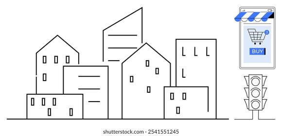 Imagens em preto e branco de arte em linha de edifícios em uma cidade com um semáforo ao lado de um grande smartphone exibindo um carrinho de compras e botão de compra. Ideal para a vida urbana, e-commerce, tecnologia móvel
