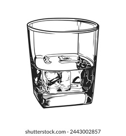 Black and white line art of a whiskey glass with ice cubes, perfect for menu design.