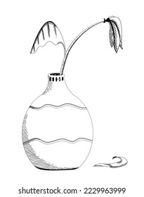 Black and white line art Withered flowers in a clay vase, line drawing, digital engraving