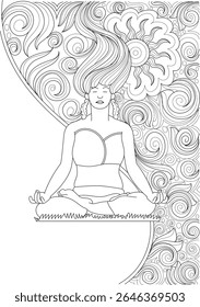Black and white line art of a woman meditating with intricate patterns, ideal for relaxation, yoga, and adult coloring books.