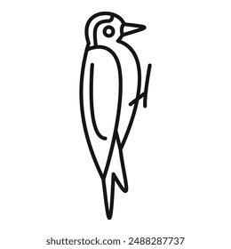 Black and white line art of a woodpecker standing on a tree trunk, minimalist design