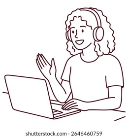 Black and white line art of young woman in headphones using laptop and waving hand during online conversation, suitable for coloring pages