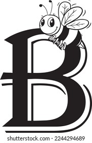 Black and white line B letters or alphabet with cute bee a realistic vector illustration