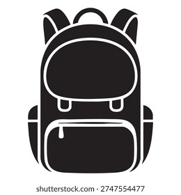 A black and white line of a backpack featuring two main compartments and shoulder straps, depicted in a minimalist and clean outline style. backpack, black, white. black and white......