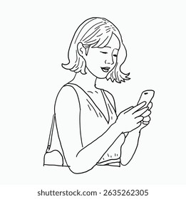 black and white line. Beautiful girl looking at her cellphone. The girl is carrying a bag. Cartoon Style Illustration