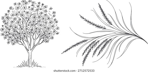 Black and white line of blooming tree and grass stems with leaves