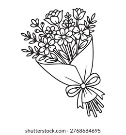 A black and white line a bouquet of assorted flowers, including roses and daisies, wrapped in paper and tied with a bow.