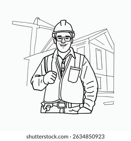 black and white line. Building Construction worker. Construction site with architects and builders. Cartoon Style Illustration