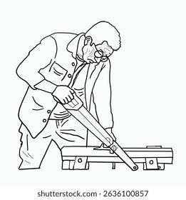 linha preta e branca. Um carpinteiro serrando a madeira sobre a mesa. Ilustração de estilo de desenho animado
