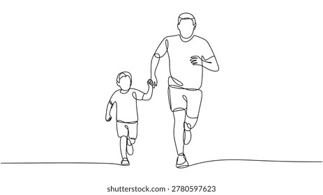 Black and white line of an and child running together holding hands line minimalist