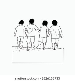 black and white line. children walking together seen from behind. Cartoon Style Illustration