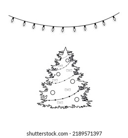 Black and white line christmas tree illustration.