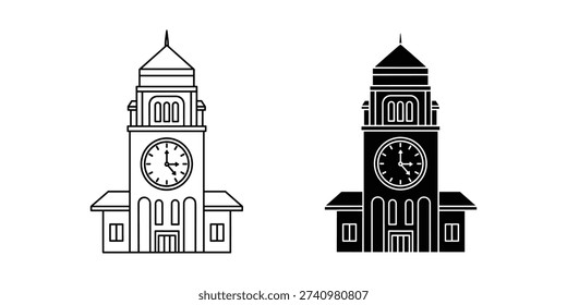 Black and white line clock towers with arched windows
