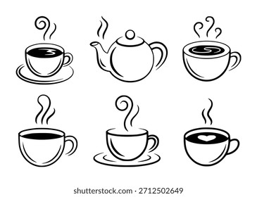 Coleção de linhas preto e branco de copos de café e bule a vapor