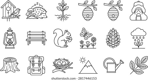 Black and white line collection of various and symbols including buildings vehicles plants animals and tools