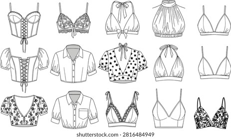 Black and white line collection of women's lace halter crop tops and bralettes with floral and casual