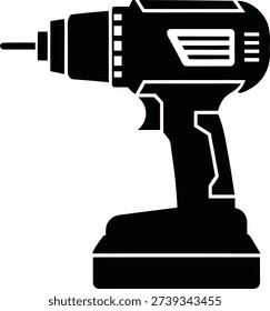 Black and white line of a cordless electric drill with a bit attachment cordless drill