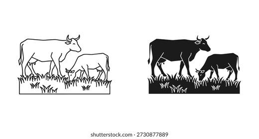 Linha preta e branca de vacas e bezerros pastando em vacas de linha de grama