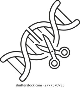Black and white line of crispr gene editing mechanism with scissors and dna strand line crispr molecular biology