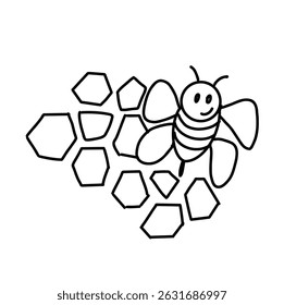 black and white line. Cute BEE on white background. Cartoon Style Illustration