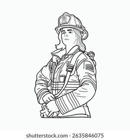 black and white line. Cute firefighter woman. Cartoon Style Illustration