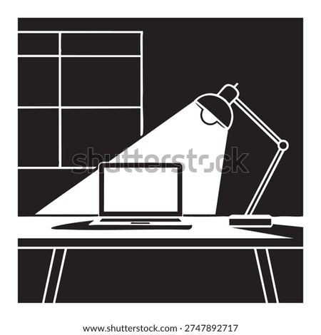A black and white line depicting a desk with a laptop and a desk lamp. The desk lamp is turned on, casting a bright light onto the laptop and the desk surface. The background a window with a......