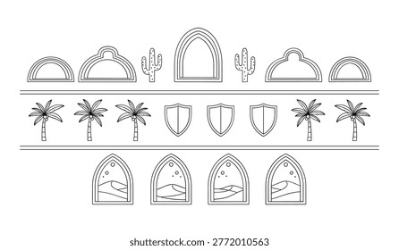 Black and white line of desert and arches cactus