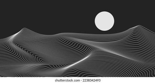 black and white line desert and moon background