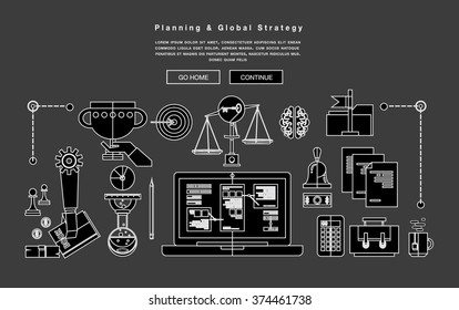 Black and white line design of web banner template of global business strategy, success market planning and corporate mission. Modern vector illustration concept for website or infographics.