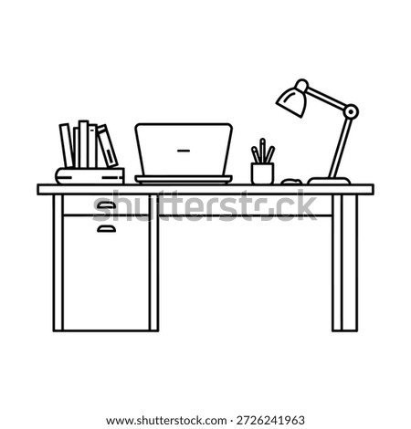 Black and white line of a desk with laptop and lamp table computer