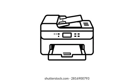 A black and white line of a desktop printer with paper trays and a document feeder, isolated on a white background for office use.