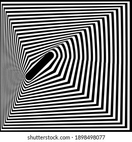 Black white line distortion illusion design. Geometric stripped pattern. Vector monochrome background.
