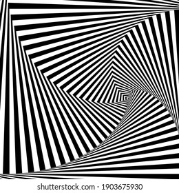 Black white line distortion illusion design. Geometric stripped pattern. Vector monochrome background.
