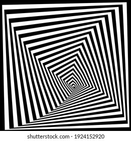 Black white line distortion illusion design. Geometric stripped pattern. Vector monochrome background.