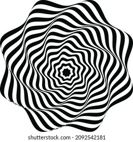 Black white line distortion . Optical illusion effect. Geometric art style. Vector illusive background, texture. 