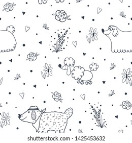 Black and white line dog pattern. Seamless vector pattern with pet in minimalist scandinavian style good for fabric and textile print, wrapping paper, wall art, mail design, packing, stationery