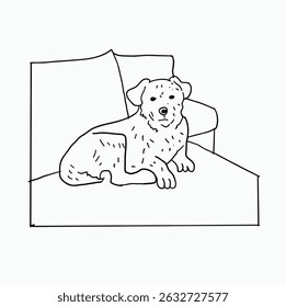 black and white line. dog sitting on the sofa. Cartoon Style Illustration
