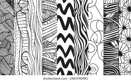 Black and white line doodle abstract seamless on white background