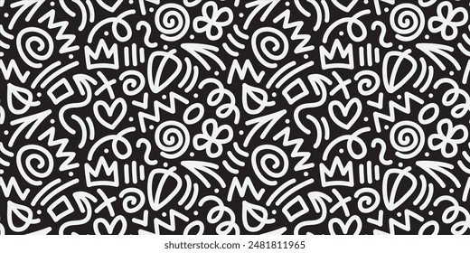 black and white line doodle pattern. Collection of creative abstract art backgrounds for children or festive celebration designs. Simple childish doodle wallpaper print texture bundle.
